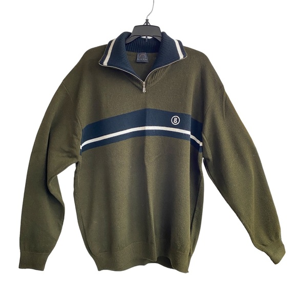 BOGNER Men's Quarter Zip Ribbed Collar Olive Green Black White - Picture 1 of 9